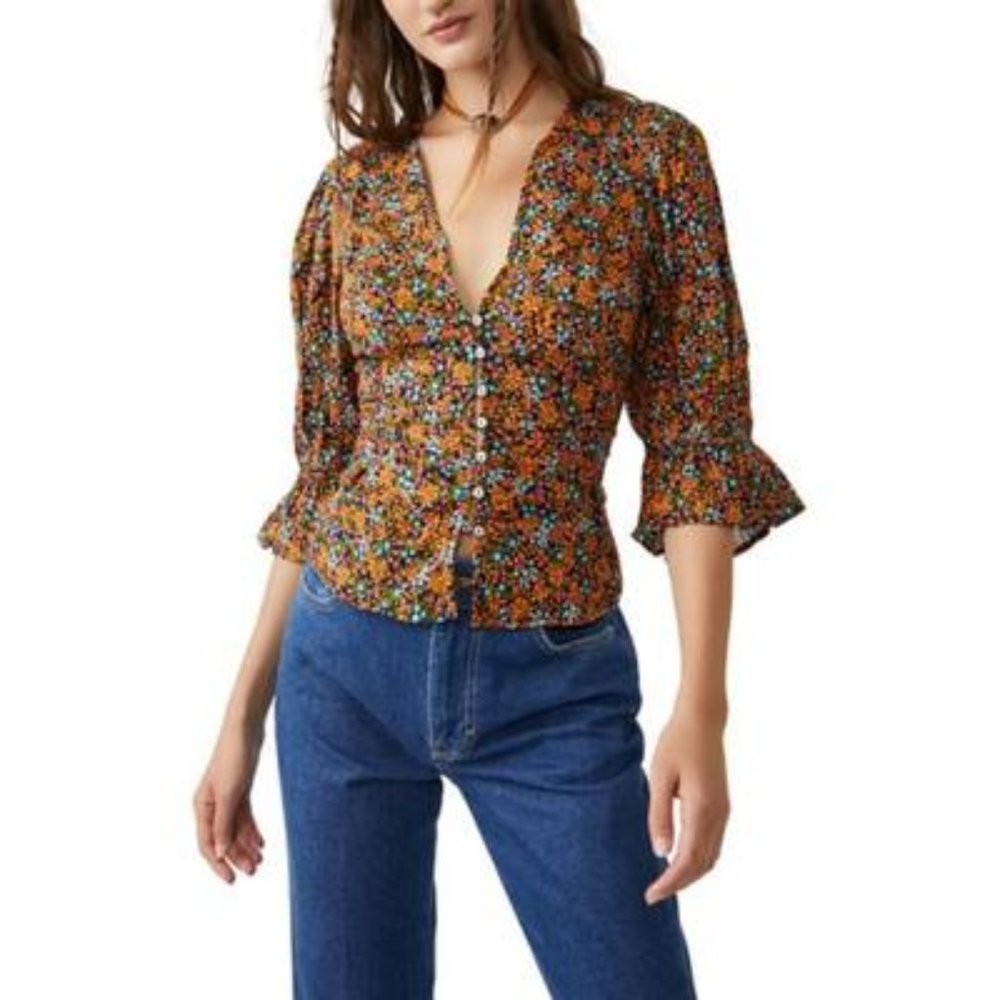 Free People Womens I Found You Floral Print Button-Down Blouse-XS
